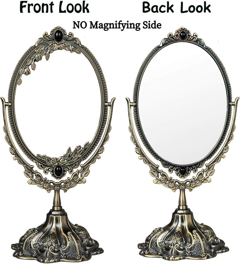 Feyarl Small Metal Vintage Makeup Mirror Floral Tabletop Oval Vanity Swivel Double Sided Mirror with Stand Elegant Decorative for Dressing Room Bedroom (Bronze) - Image 3